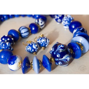 "Cobalt": necklace and earring, blue and white